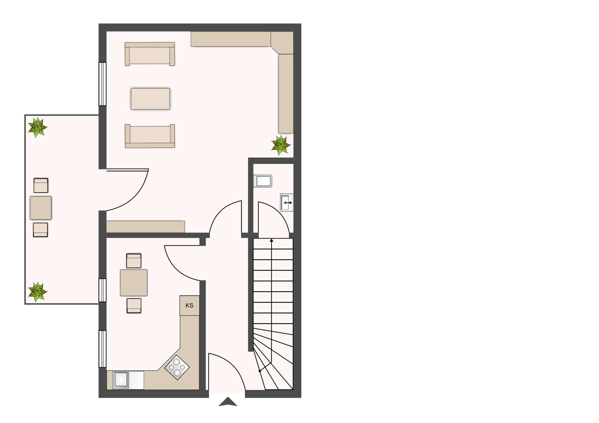 Top-down floor plan of an apartment: entrance hall leads to a kitchen, living room with sofa sets, dining area, a small bathroom, and a stairwell along the right wall.