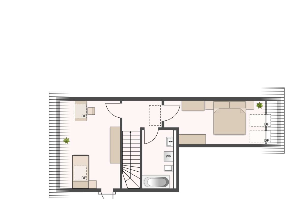 Floor plan of a residential unit showing entry, central stairs, bathroom with tub, laundry area, and living/sleeping spaces along a corridor.