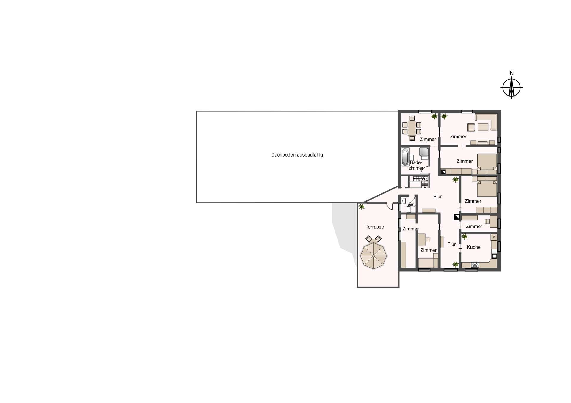 Floor plan of a house showing rooms (Zimmer, Küche, Flur), terrace, and stairwell layout from above, with a large attic area labeled Dachboden ausbaufähig.
