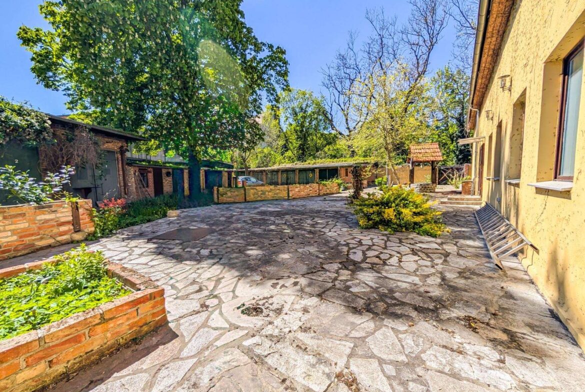 Sunny courtyard with cracked stone paving, brick planters, and a yellow building on the right under a blue sky.