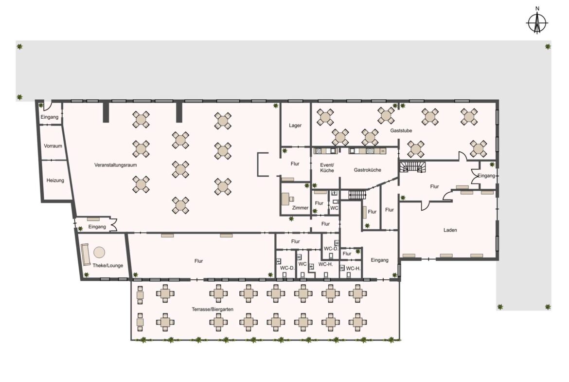Floor plan of a building showing an event hall with multiple round tables, kitchens, restrooms, and terraces. Multiple entrances are labeled in German.