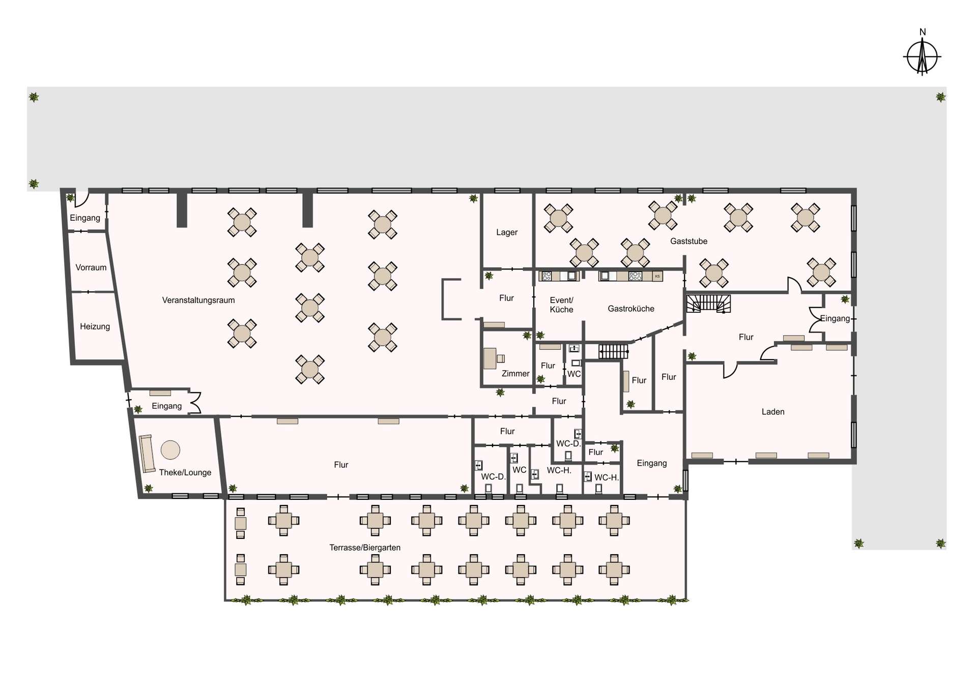 Floor plan of a building showing an event hall with multiple round tables, kitchens, restrooms, and terraces. Multiple entrances are labeled in German.
