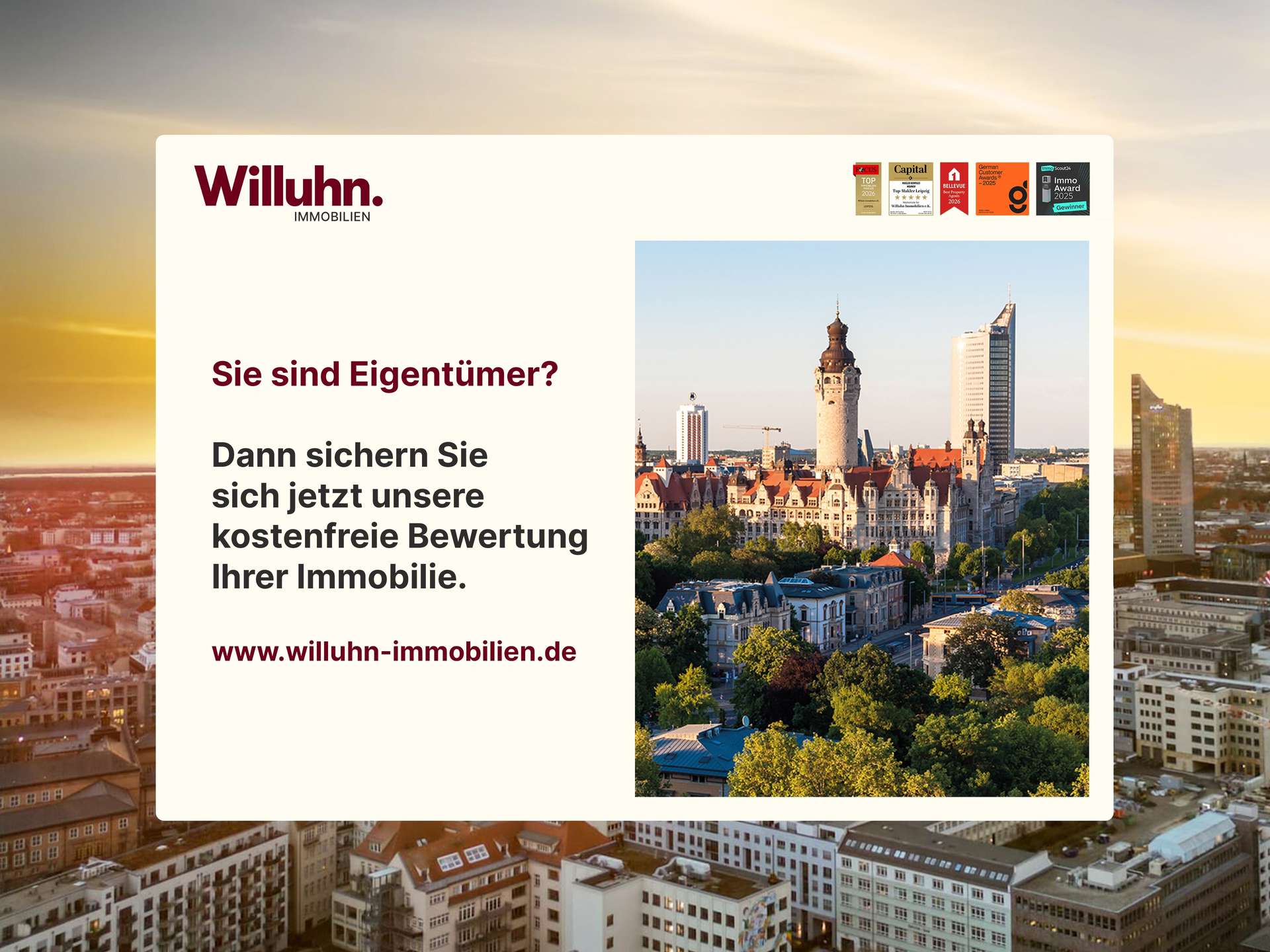 Willuhn Immobilien hero inviting property owners to a free, no‑obligation property valuation with a city skyline image in the background.