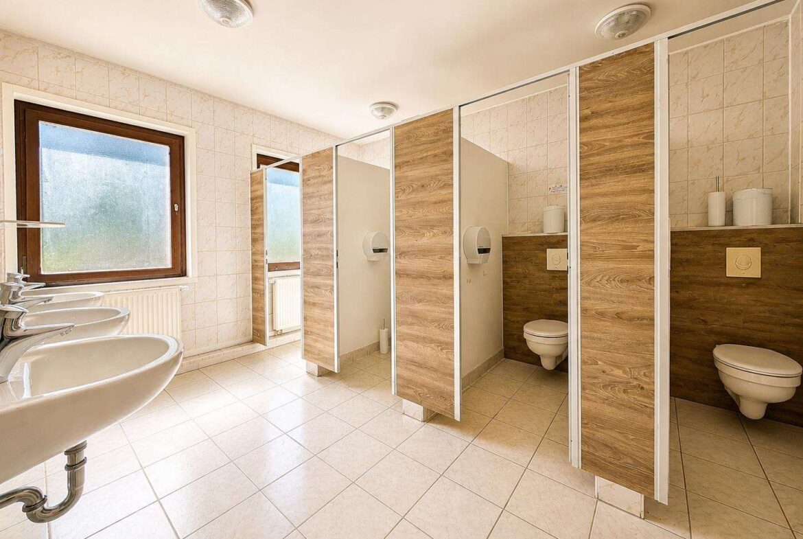 Public restroom with multiple stalls featuring wood-panel doors, and sinks along the left wall; frosted window visible.