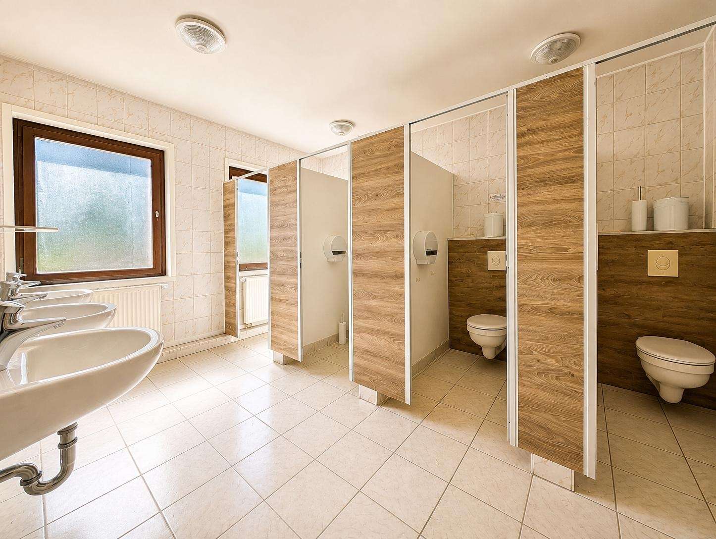 Public restroom with multiple stalls featuring wood-panel doors, and sinks along the left wall; frosted window visible.