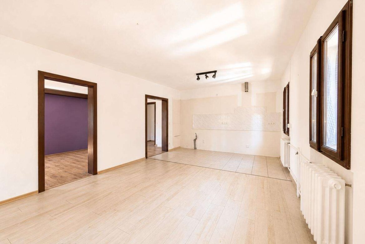 Bright empty living space with light wood floors, two doorways, and a kitchen alcove along the back wall.
