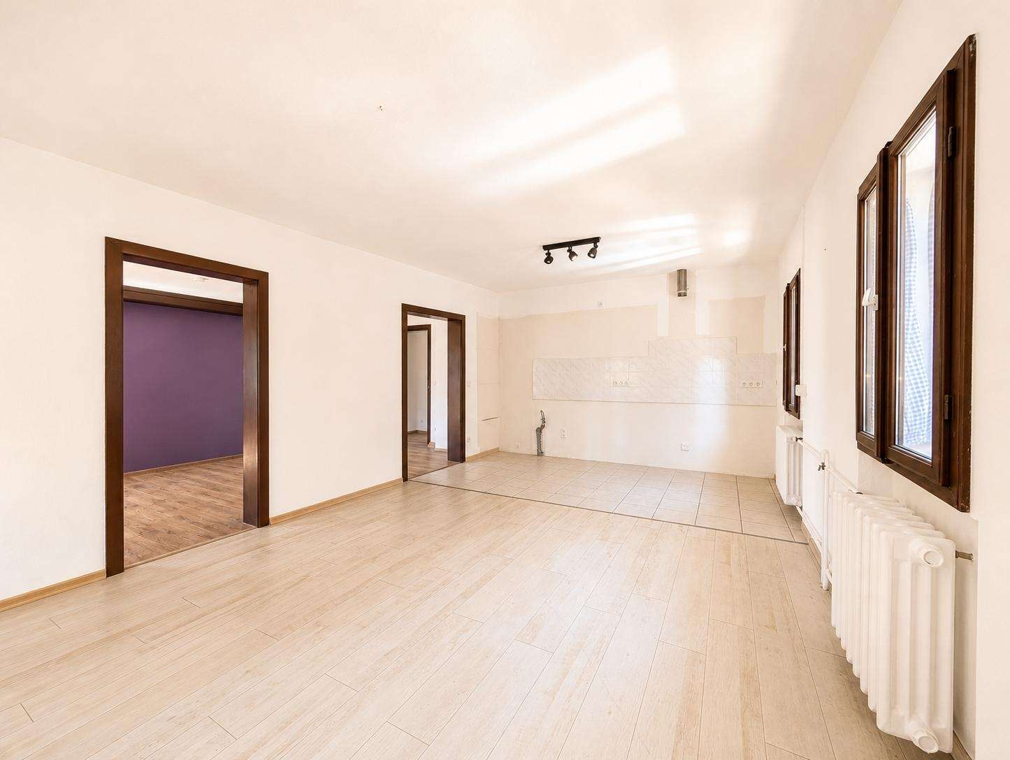 Bright empty living space with light wood floors, two doorways, and a kitchen alcove along the back wall.