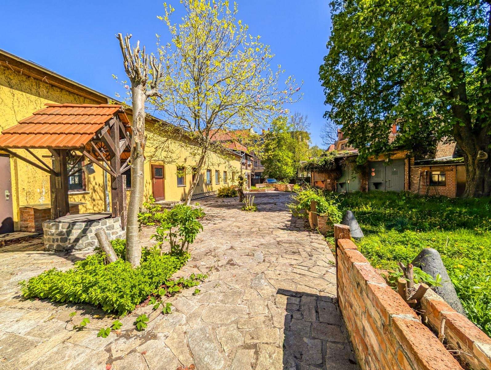 Stone walkway in a sunlit courtyard, yellow houses on both sides, budding trees, and a low brick wall.