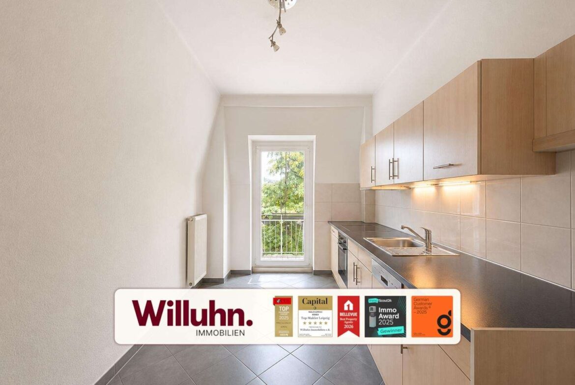Compact modern kitchen with light wood cabinets, stainless steel counter, sink, and a balcony door; Willuhn Immobilien branding banner along the bottom.