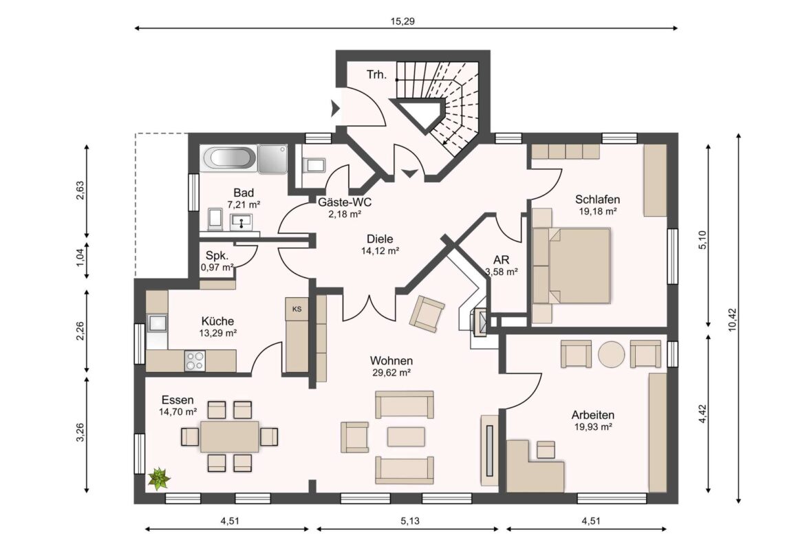 Detailed floor plan of a residence showing labeled rooms (Küche, Essen, Wohnen, Arbeiten, Schlafen, Bad, Gäste-WC, Diele, AR) and a staircase, with wall thickness and measurements indicated.