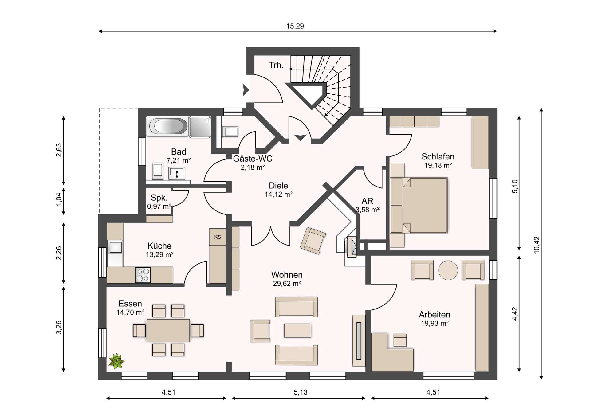 Detailed floor plan of a residence showing labeled rooms (Küche, Essen, Wohnen, Arbeiten, Schlafen, Bad, Gäste-WC, Diele, AR) and a staircase, with wall thickness and measurements indicated.