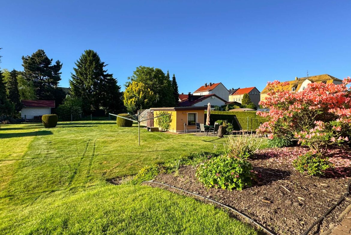 Sunny suburban backyard with a green lawn, pink flowering bush on the right, and outdoor seating near a yellow shed; houses in the background under a blue sky.