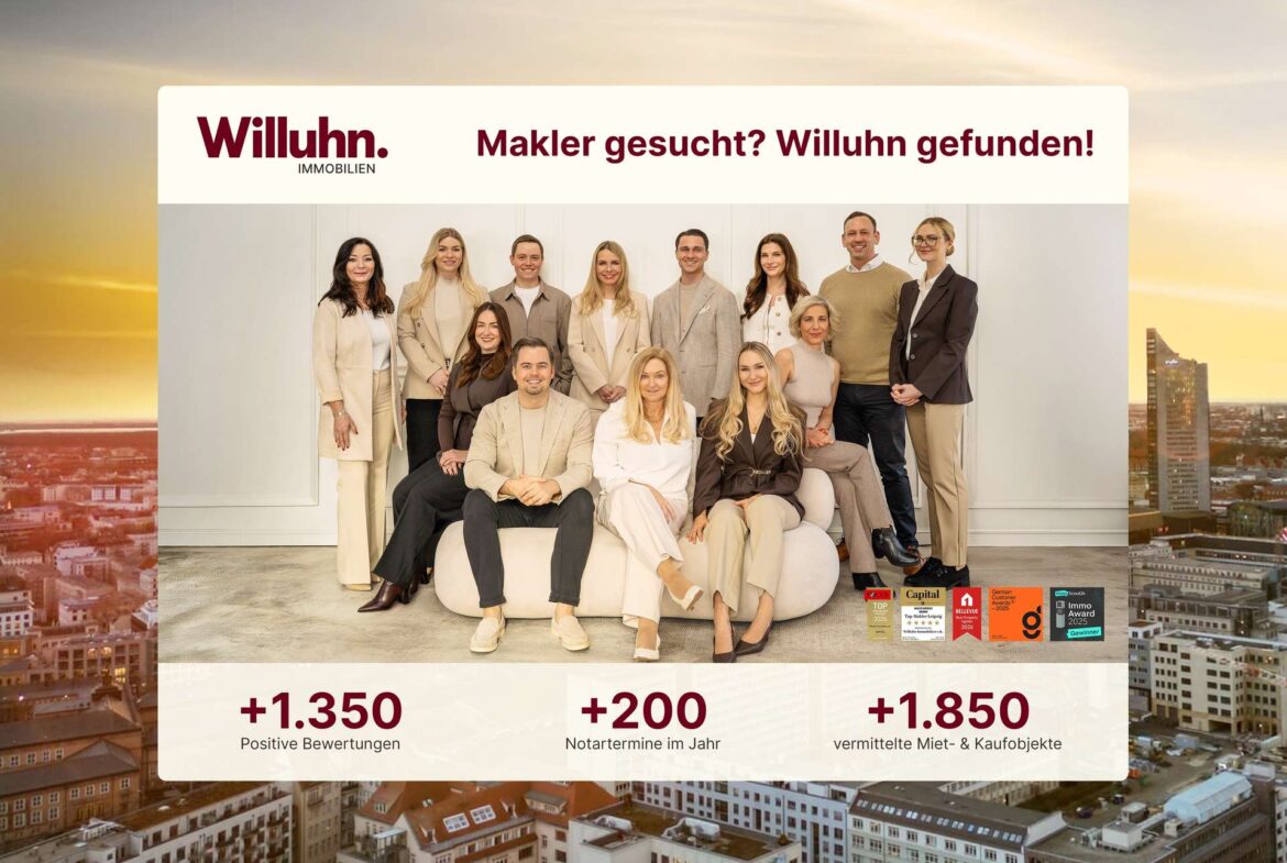 Group of real estate agents posing for a recruitment banner, with Willuhn Immobilien logo and the text 'Makler gesucht? Willuhn gefunden!' on a cream panel over a city backdrop.
