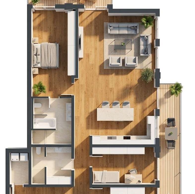 Top-down floor plan of a modern apartment with an open living/dining area, kitchen island, two bedrooms, two bathrooms, and multiple balconies.