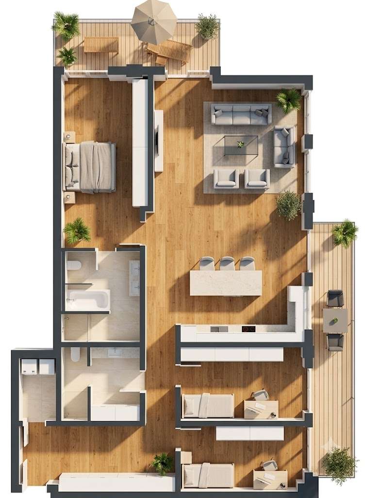 Top-down floor plan of a modern apartment with an open living/dining area, kitchen island, two bedrooms, two bathrooms, and multiple balconies.