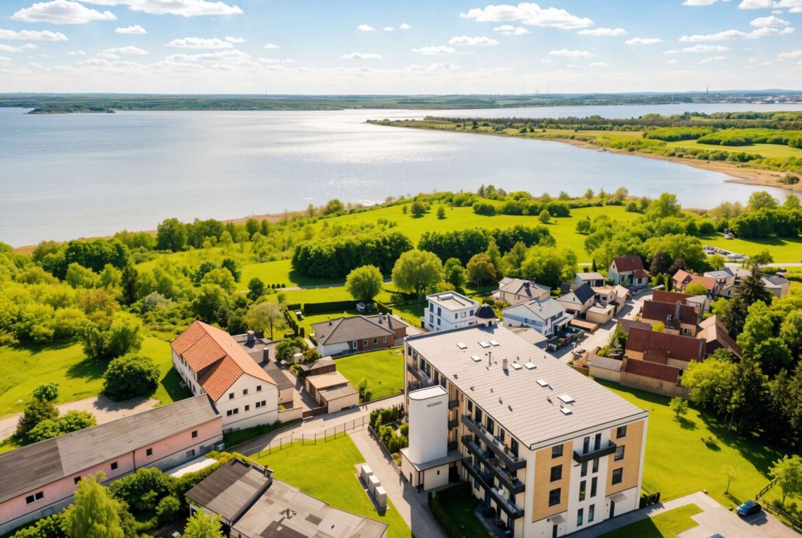 Aerial view of a coastal town with white houses and green lawns, a large lake or bay beyond, under a clear blue sky with scattered clouds.