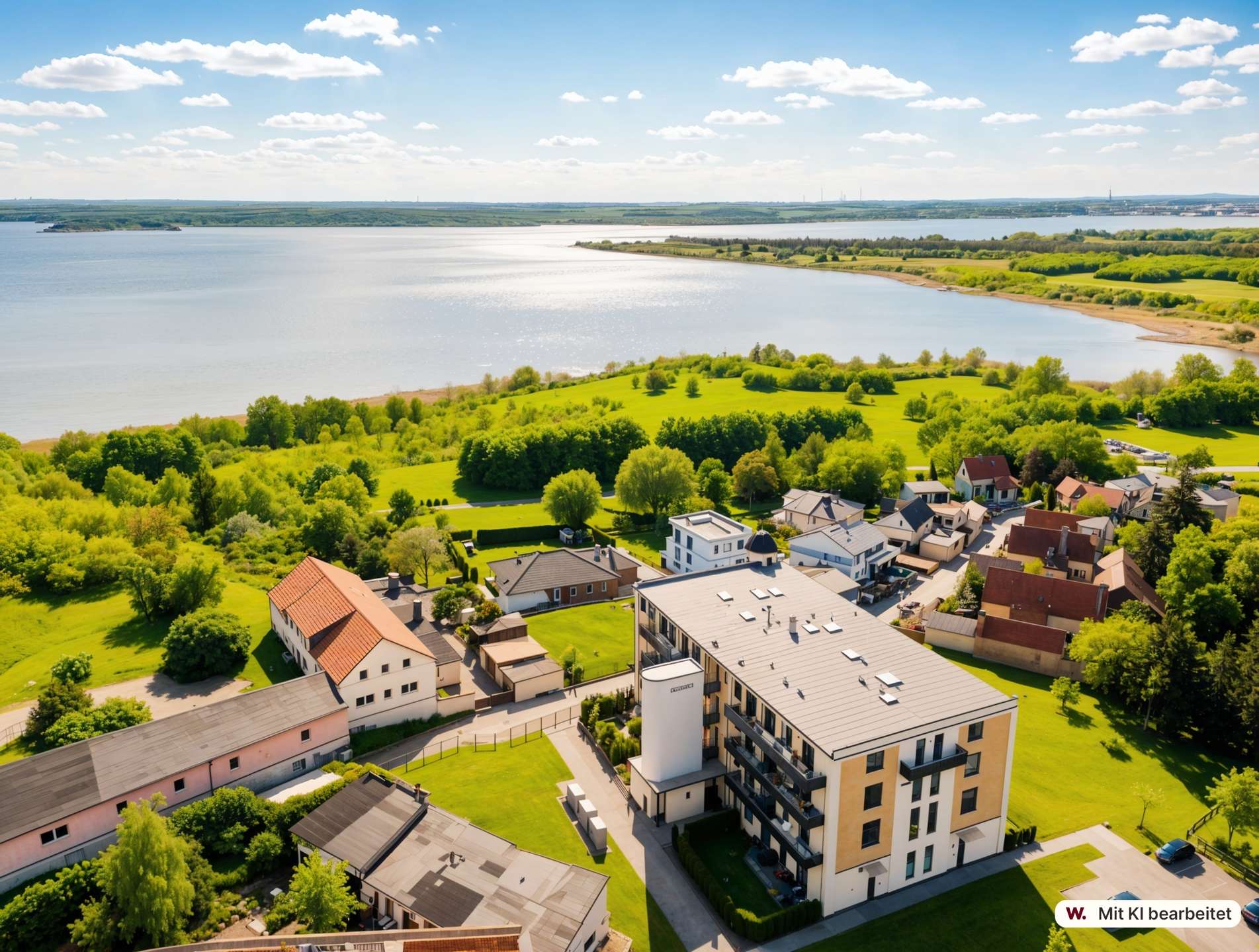 Aerial view of a coastal town with white houses and green lawns, a large lake or bay beyond, under a clear blue sky with scattered clouds.