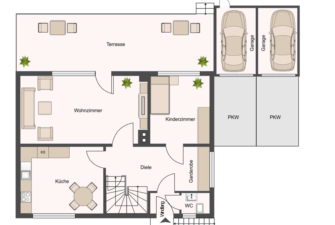 Floor plan of a house showing terrace, living room, kitchen, dining area, hallway, wardrobe, WC, and a two-car garage area labeled 'PKW'.