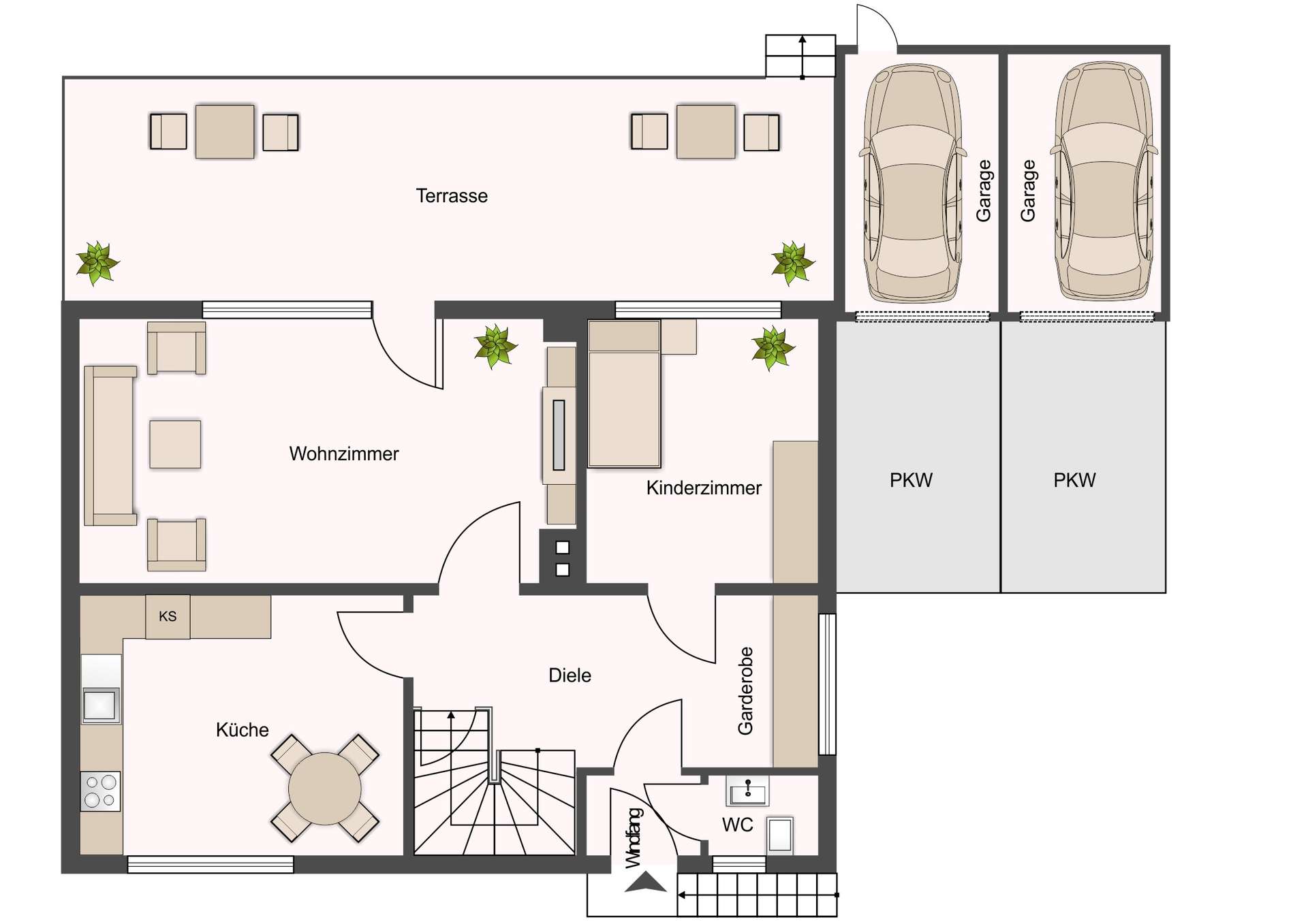 Floor plan of a house showing terrace, living room, kitchen, dining area, hallway, wardrobe, WC, and a two-car garage area labeled 'PKW'.