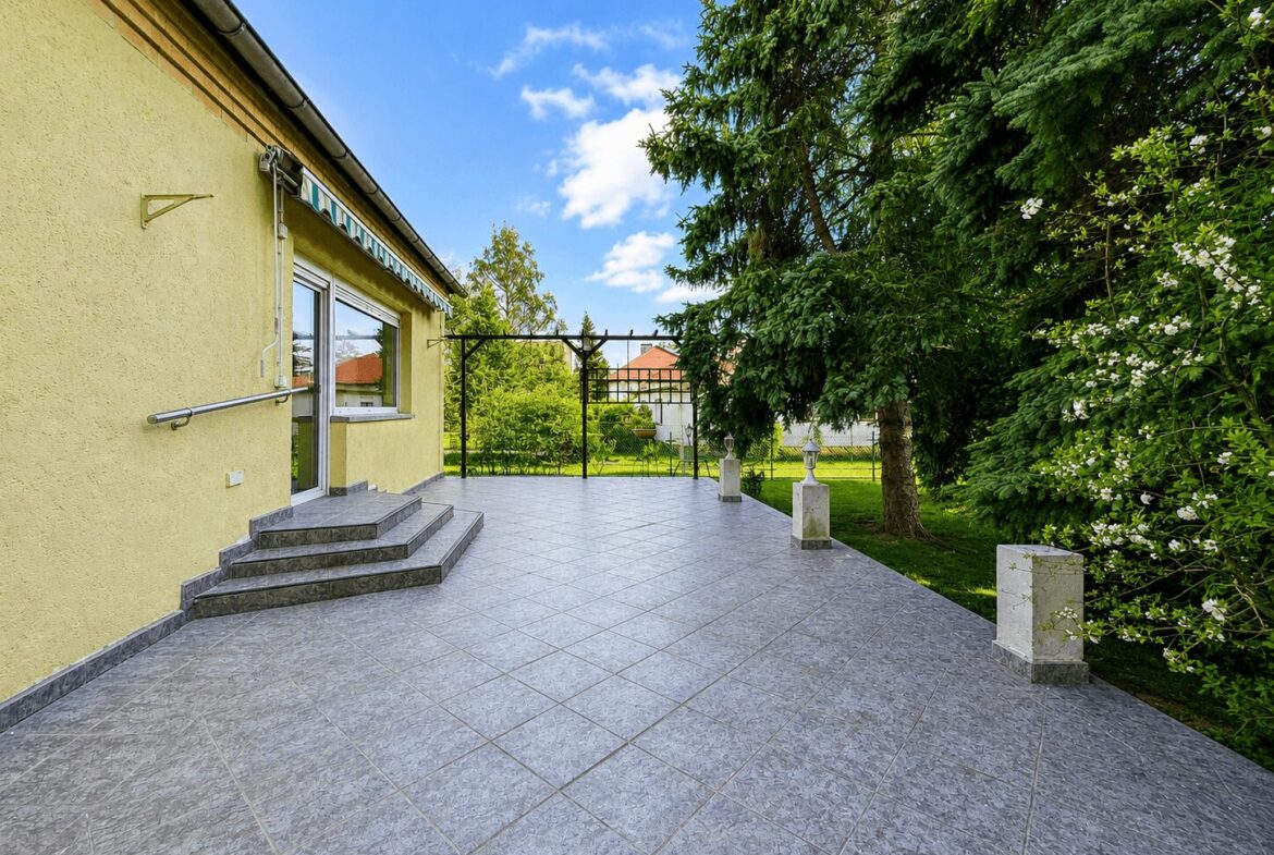 Yellow house with a tiled patio and three stone steps leading to a glass door, open garden beyond.
