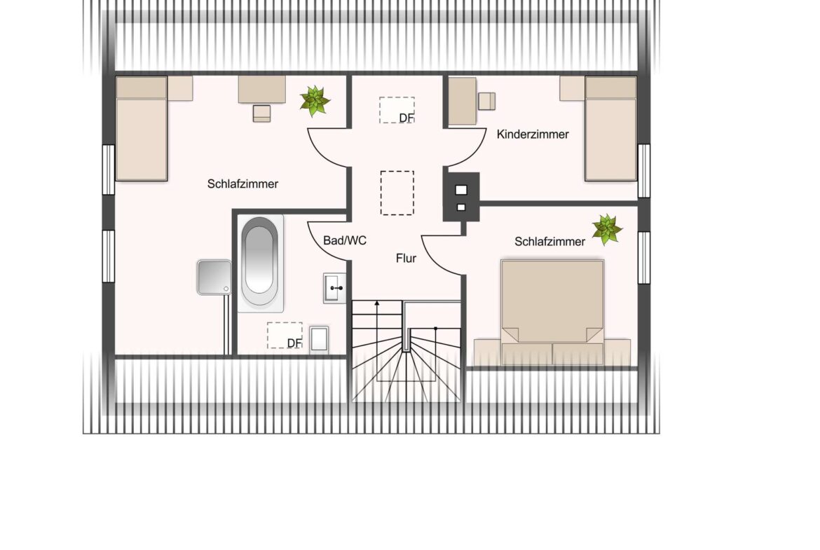 Floor plan of an apartment: two bedrooms, a child’s room, a bathroom, central hallway, staircase, and surrounding balcony.