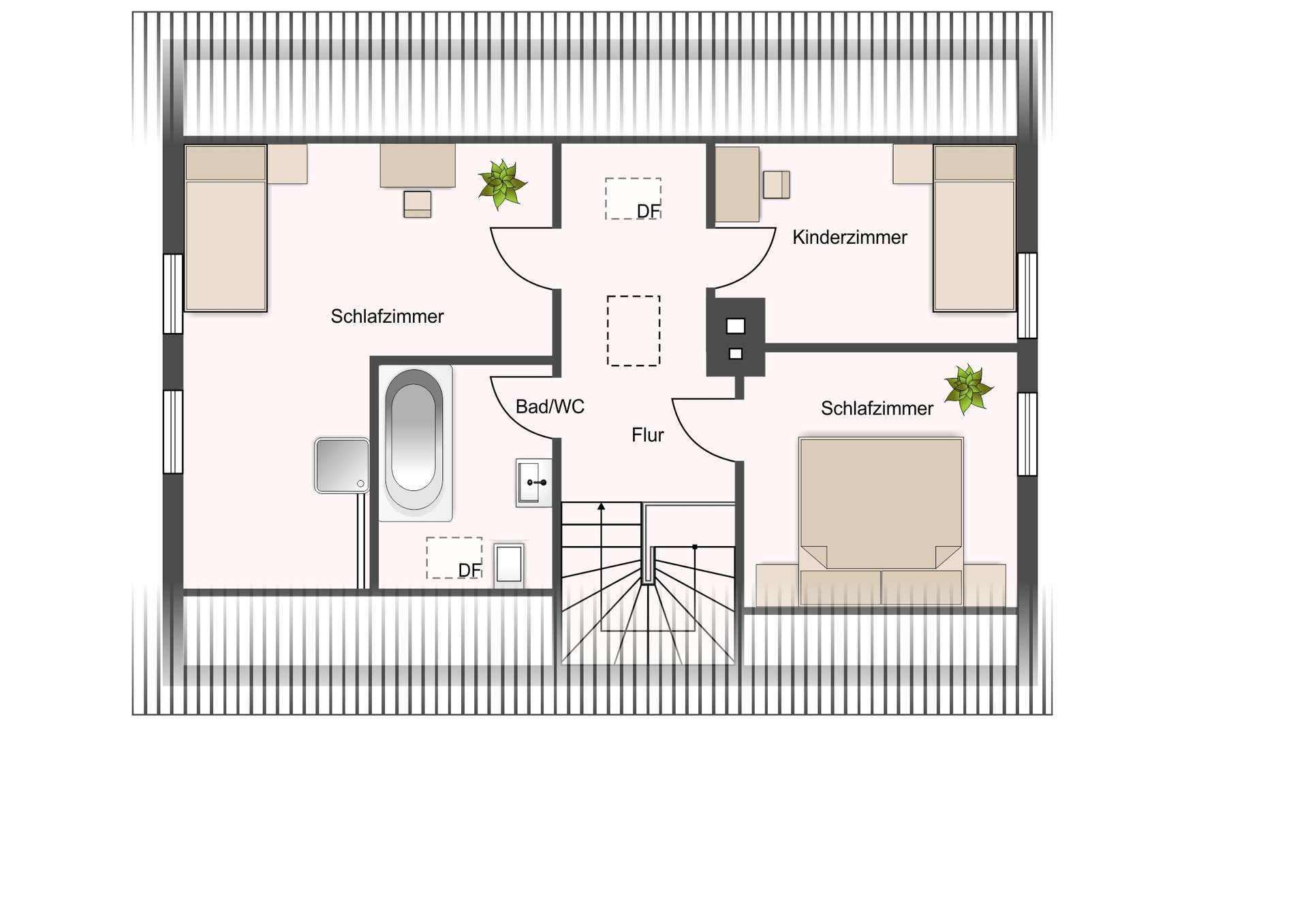 Floor plan of an apartment: two bedrooms, a child’s room, a bathroom, central hallway, staircase, and surrounding balcony.