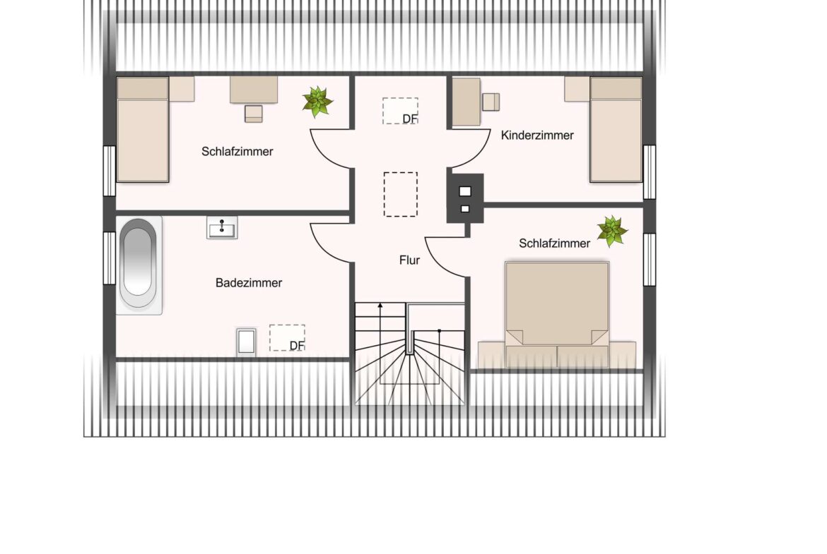 Obergeschoss-Grundriss mit drei Schlafzimmern, Bad, Flur und Treppenhaus.
