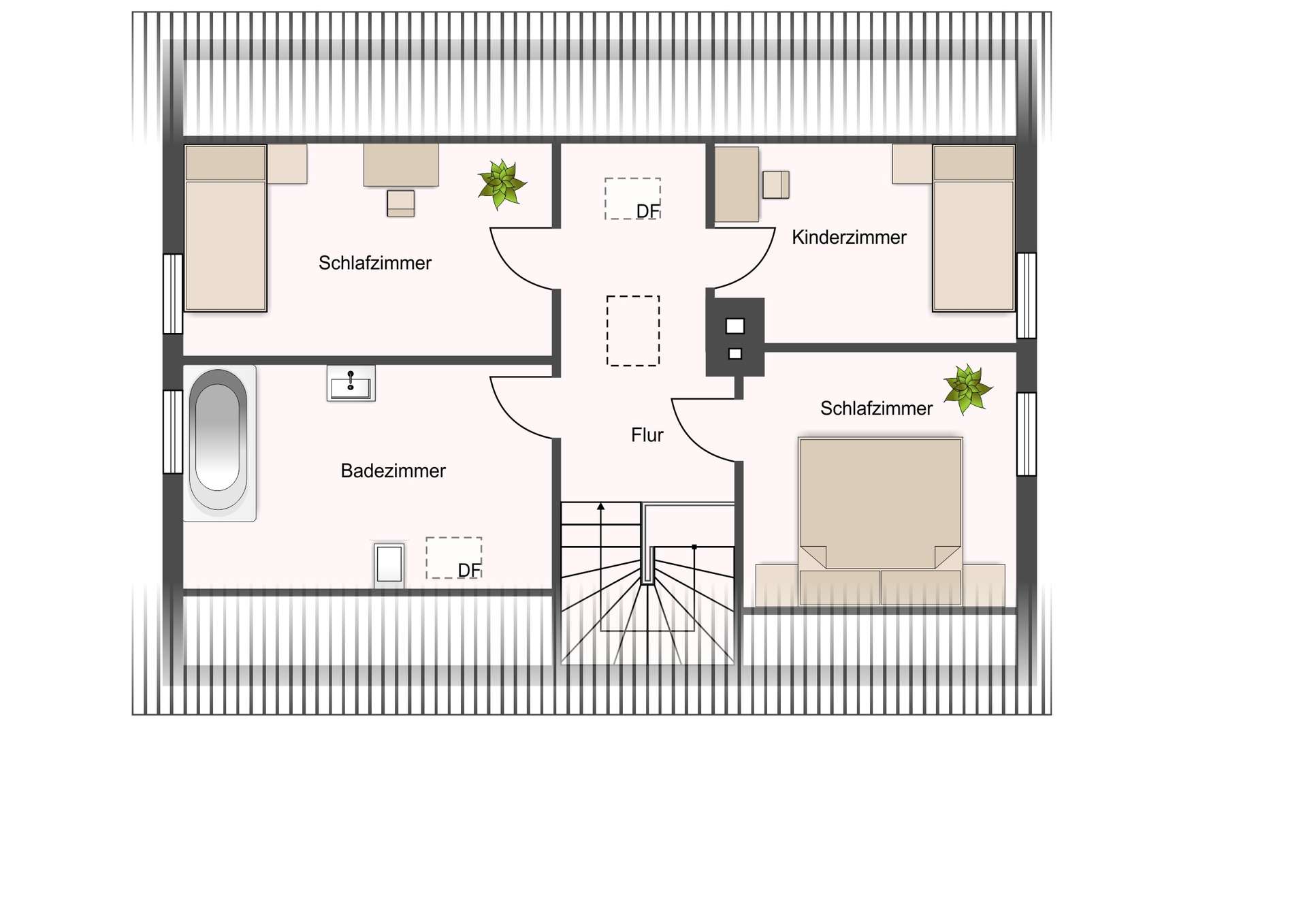 Obergeschoss-Grundriss mit drei Schlafzimmern, Bad, Flur und Treppenhaus.