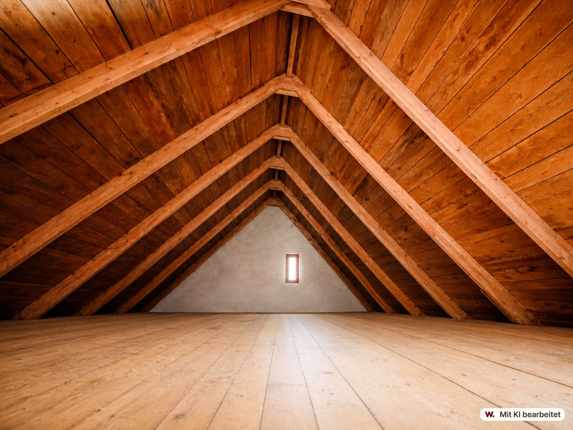 A wide attic space with exposed wooden beams forming triangles, empty floor, and a small vertical window at the far wall.