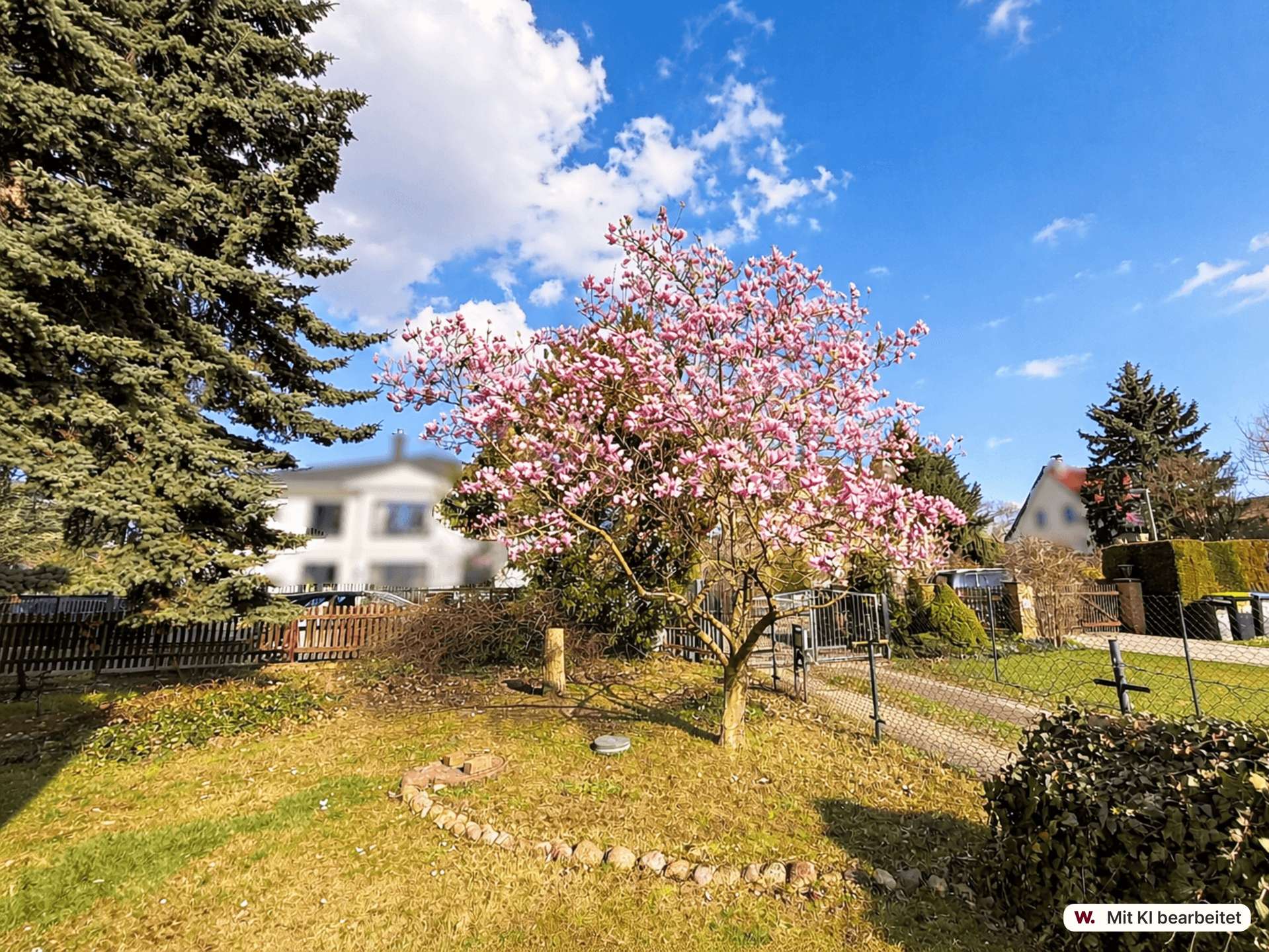Suburban yard with a pink flowering tree in bloom, evergreen trees on the left, and a clear blue sky behind a fence.