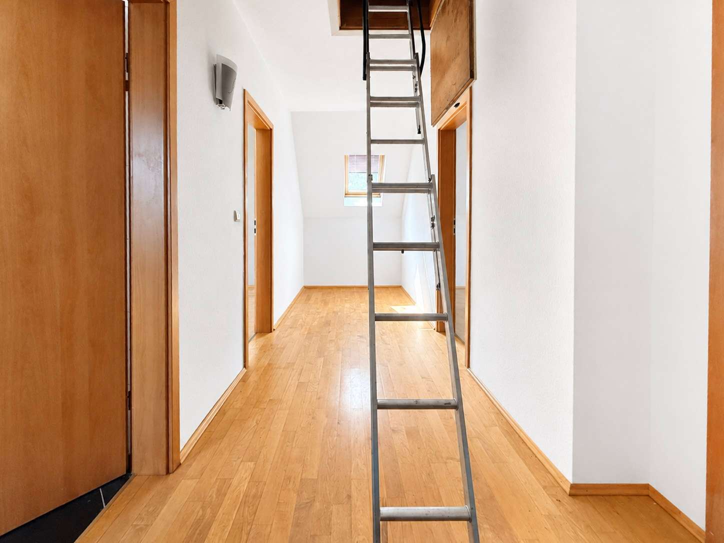 Bright hallway with wooden doors and a tall metal ladder reaching up to an attic hatch.
