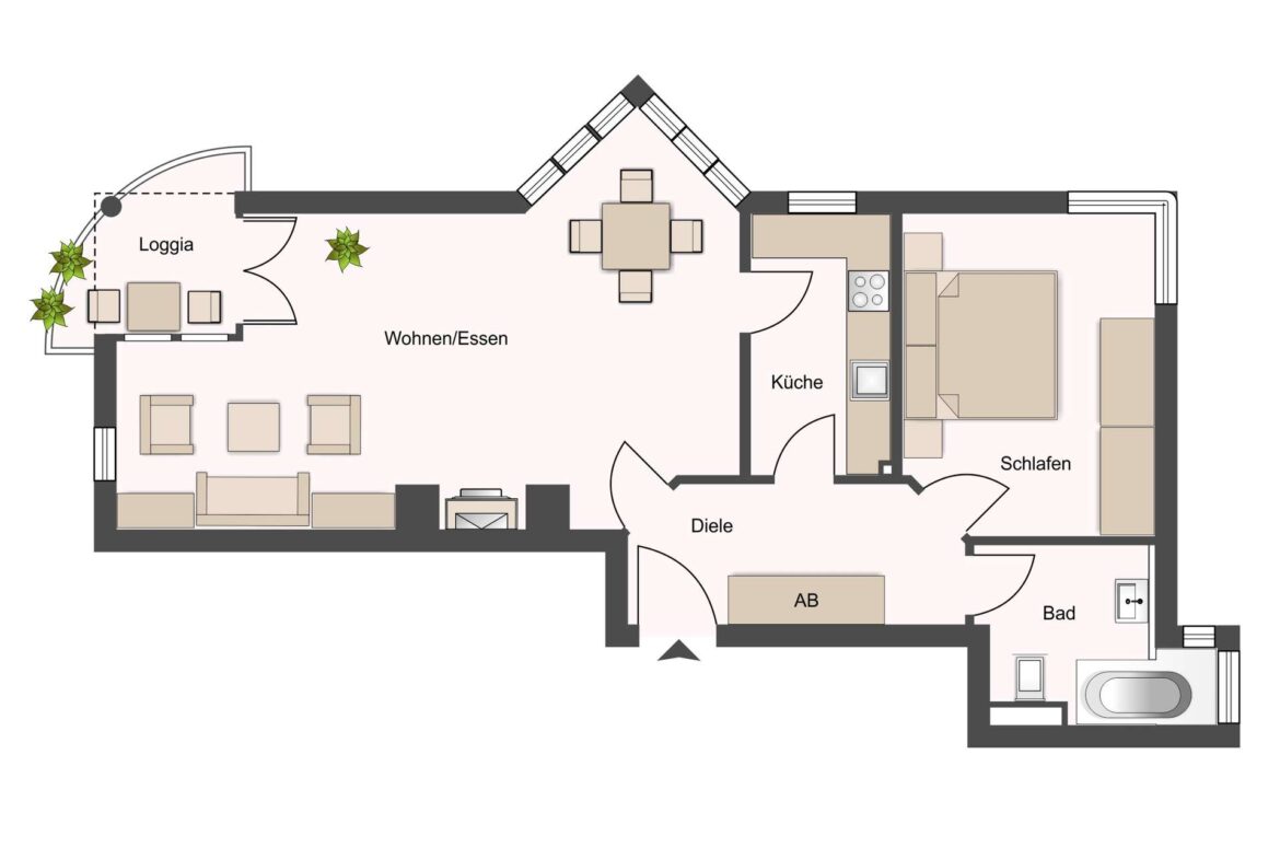 Top-down floor plan of an apartment: living/dining area, loggia balcony, kitchen, bedroom, bathroom, and corridor.
