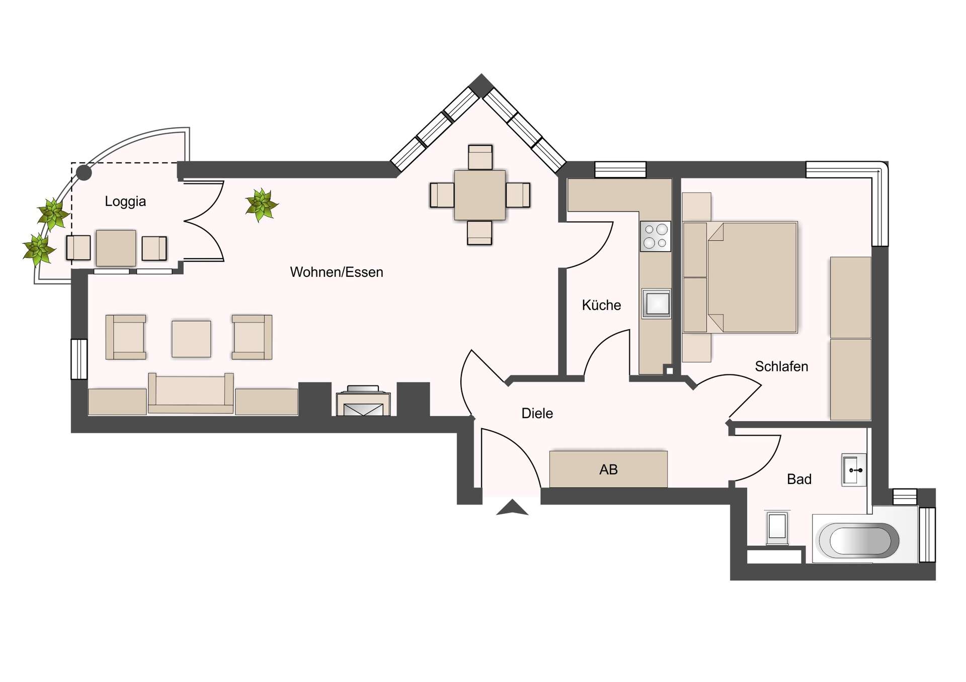 Top-down floor plan of an apartment: living/dining area, loggia balcony, kitchen, bedroom, bathroom, and corridor.