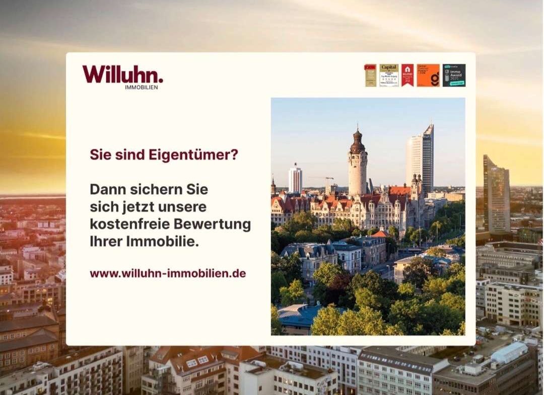 Advertisement for Willuhn Immobilien offering a free property valuation, with a cityscape and a beige panel containing German text.