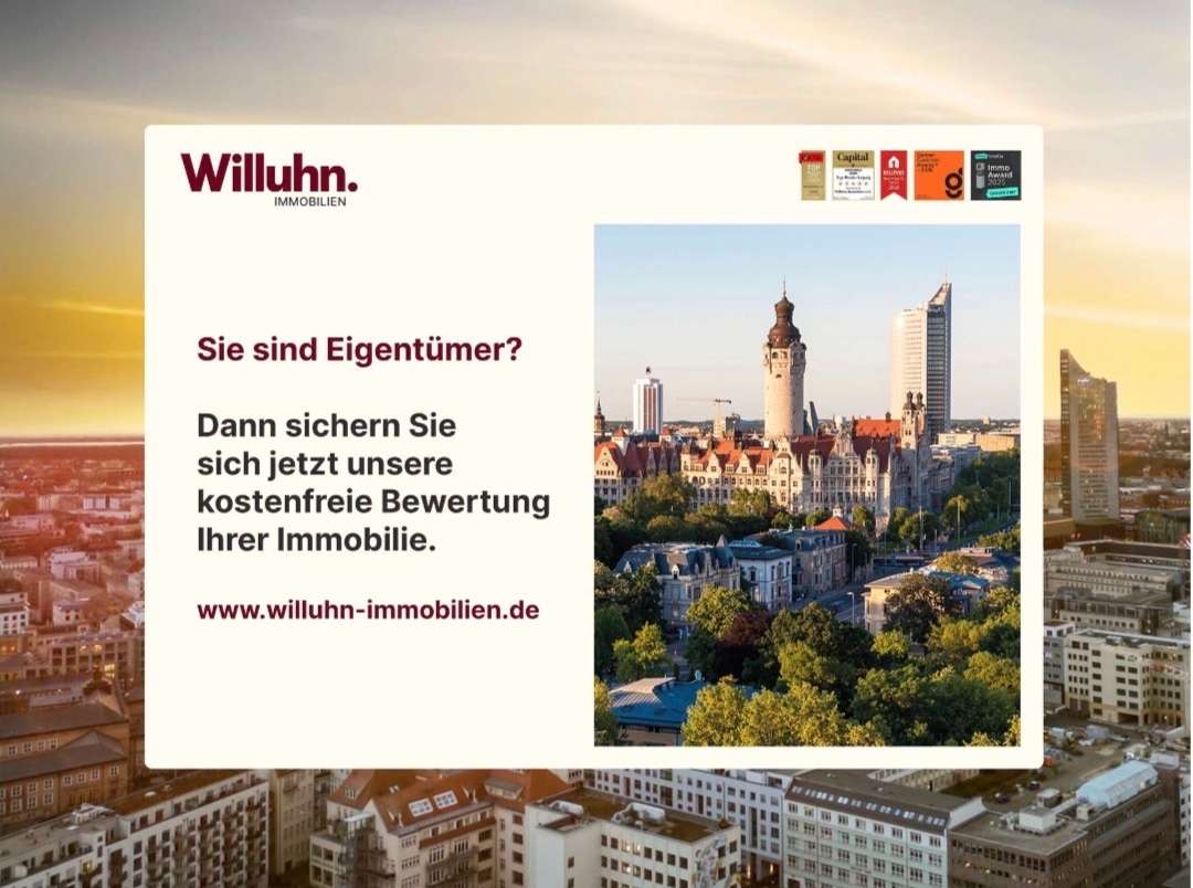 Advertisement for Willuhn Immobilien offering a free property valuation, with a cityscape and a beige panel containing German text.