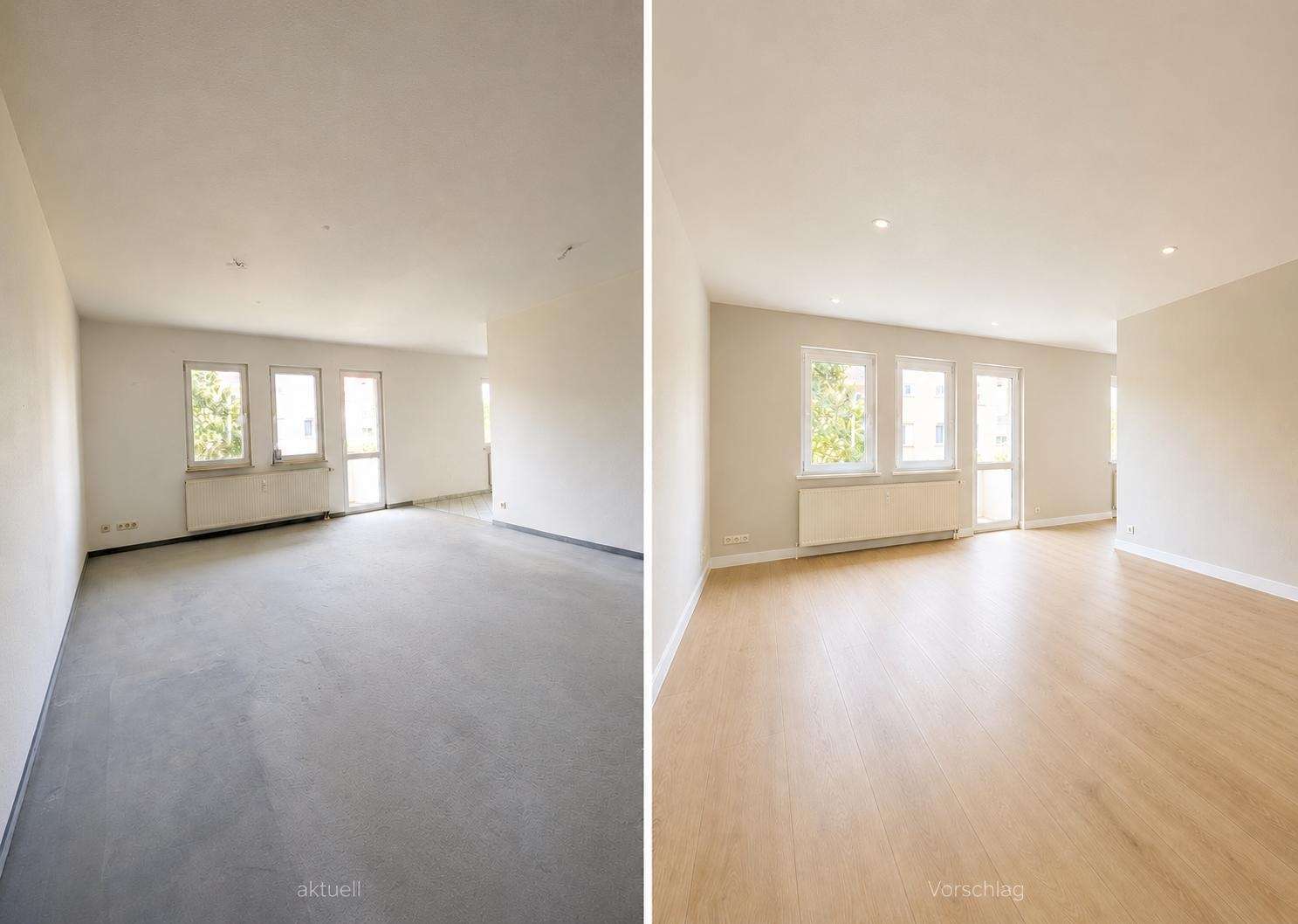 Split view of an empty living room: left shows a bare, grey concrete floor and white walls; right shows a renovated space with light wood flooring, beige walls, and recessed ceiling lights.
