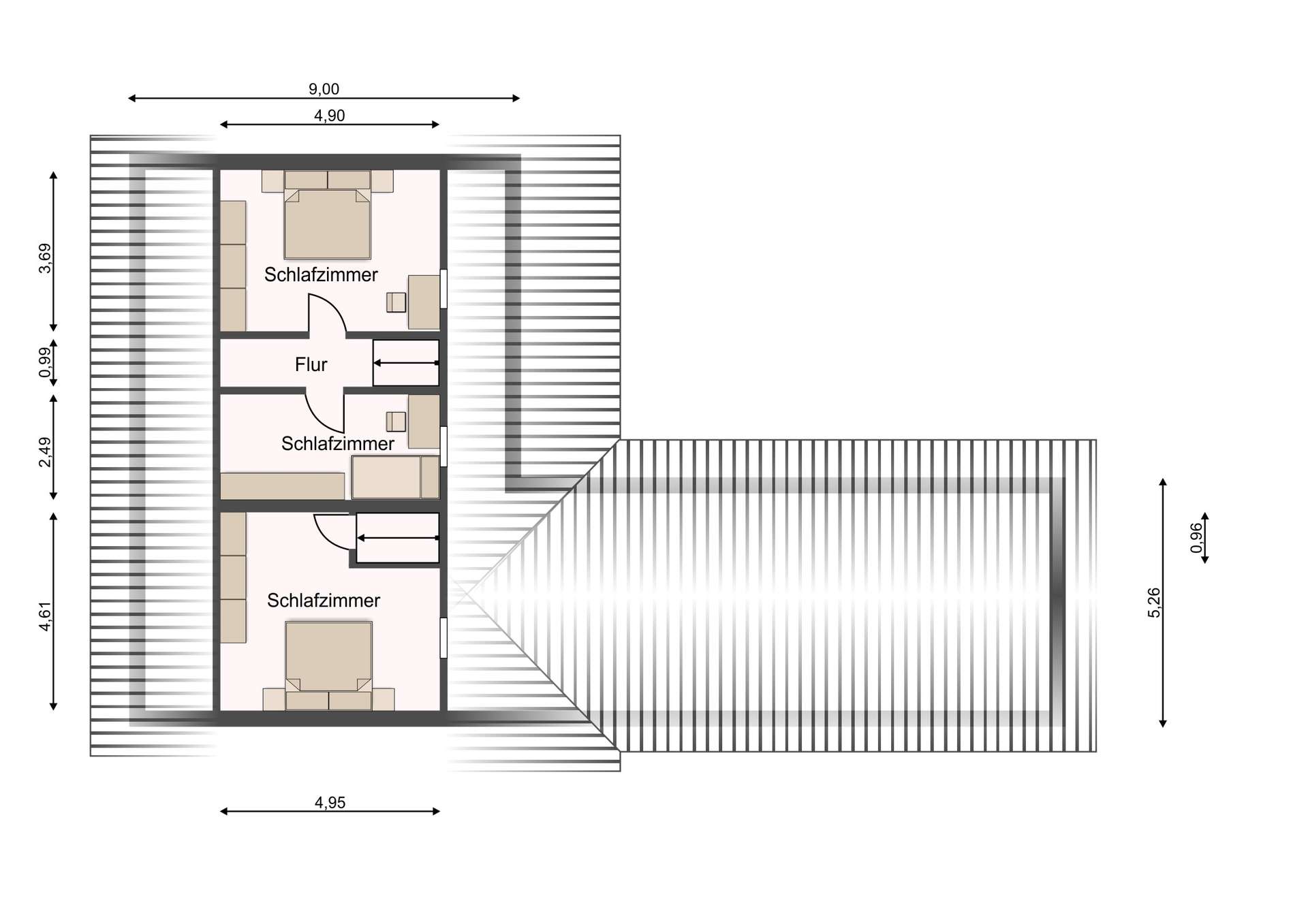 Grundriss eines Dachgeschosses mit drei Schlafzimmern und Flur; Möbel wie Betten und Sofas sichtbar, Beschriftung 'Schlafzimmer' und Maßlinien vorhanden.