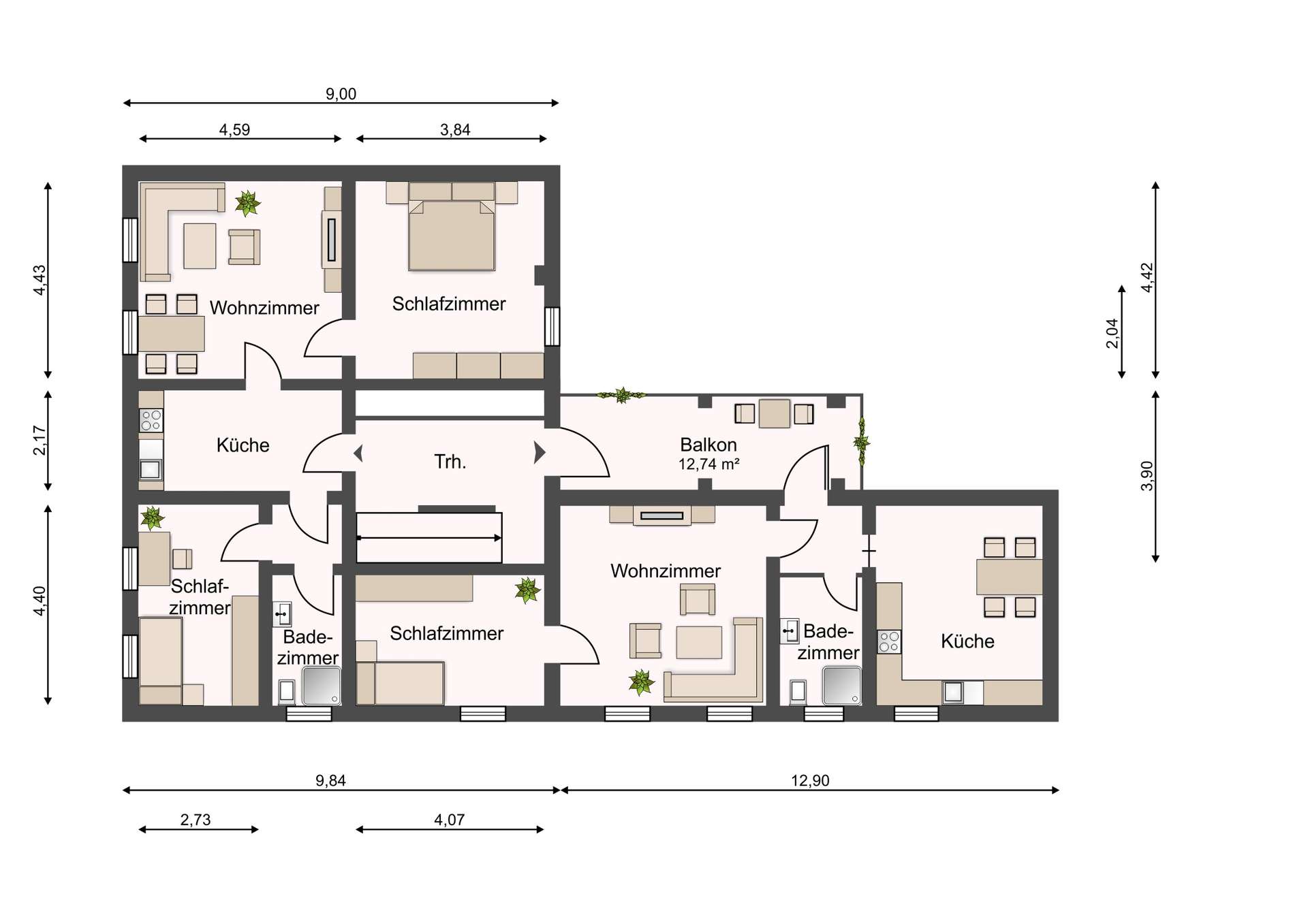 Apartment floor plan with labeled rooms: living room (Wohnzimmer), bedrooms, kitchen, bathrooms, balcony, and measurements.