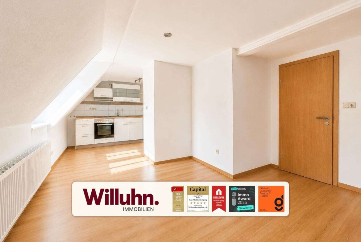 Bright attic-style kitchen area with white cabinets, built-in oven, and a slanted ceiling with a skylight; wooden floor and a wooden door on the right.