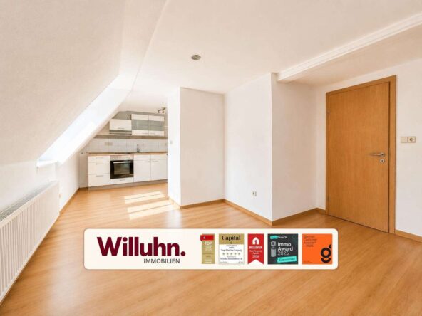 Bright attic-style kitchen area with white cabinets, built-in oven, and a slanted ceiling with a skylight; wooden floor and a wooden door on the right.