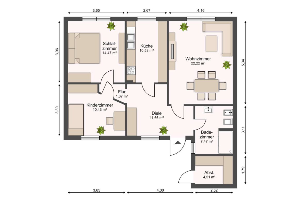 Grundriss einer Wohnung: Schlafzimmer (14,47 m²), Küche (10,58 m²), Wohnzimmer (22,22 m²), Kinderzimmer (10,43 m²), Flur (1,37 m²), Diele (11,66 m²), Badezimmer (7,47 m²) und Abstellraum (4,51 m²).,Detaillierter Wohnungsgrundriss mit Zimmern und Größenangaben; zentrale Küche, großes Wohnzimmer, mehrere Schlafzimmer und Bad.,Informative Grundrissskizze der Wohnung mit Raumaufteilung und Quadratmeterzahlen der einzelnen Räume.,Layout einer 3-Zimmer-Wohnung: links Schlafzimmer und Kinderzimmer, Mitte Küche, rechts großes Wohnzimmer; Größenangaben beigefügt.,Wohnungsplan: Räume und ihre Flächen in Quadratmetern, inkl. Diele, Flur, Bad und Abstellraum.