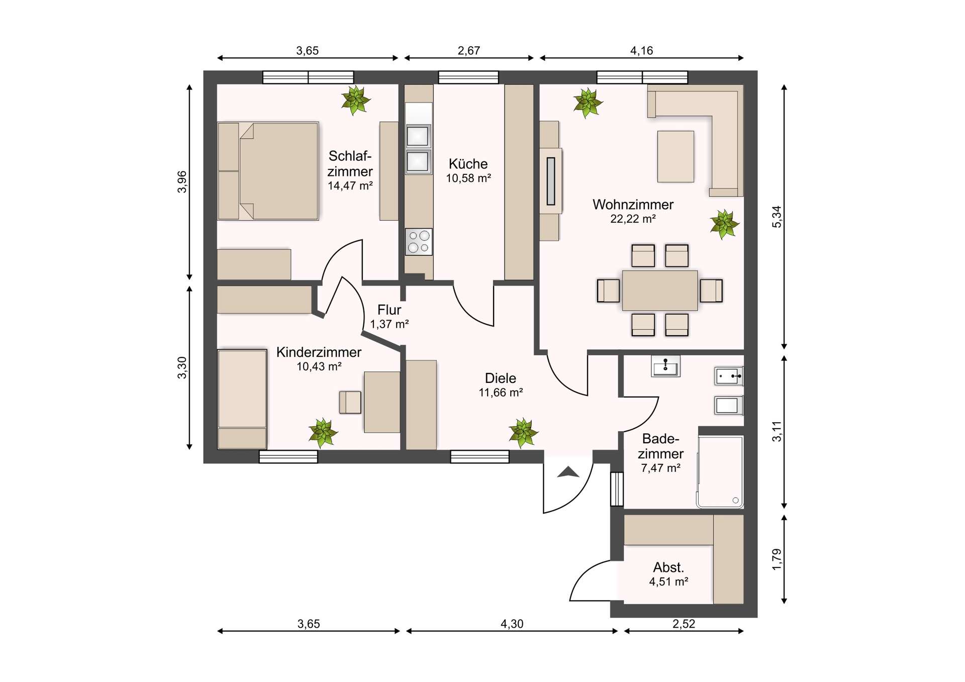 Grundriss einer Wohnung: Schlafzimmer (14,47 m²), Küche (10,58 m²), Wohnzimmer (22,22 m²), Kinderzimmer (10,43 m²), Flur (1,37 m²), Diele (11,66 m²), Badezimmer (7,47 m²) und Abstellraum (4,51 m²).,Detaillierter Wohnungsgrundriss mit Zimmern und Größenangaben; zentrale Küche, großes Wohnzimmer, mehrere Schlafzimmer und Bad.,Informative Grundrissskizze der Wohnung mit Raumaufteilung und Quadratmeterzahlen der einzelnen Räume.,Layout einer 3-Zimmer-Wohnung: links Schlafzimmer und Kinderzimmer, Mitte Küche, rechts großes Wohnzimmer; Größenangaben beigefügt.,Wohnungsplan: Räume und ihre Flächen in Quadratmetern, inkl. Diele, Flur, Bad und Abstellraum.