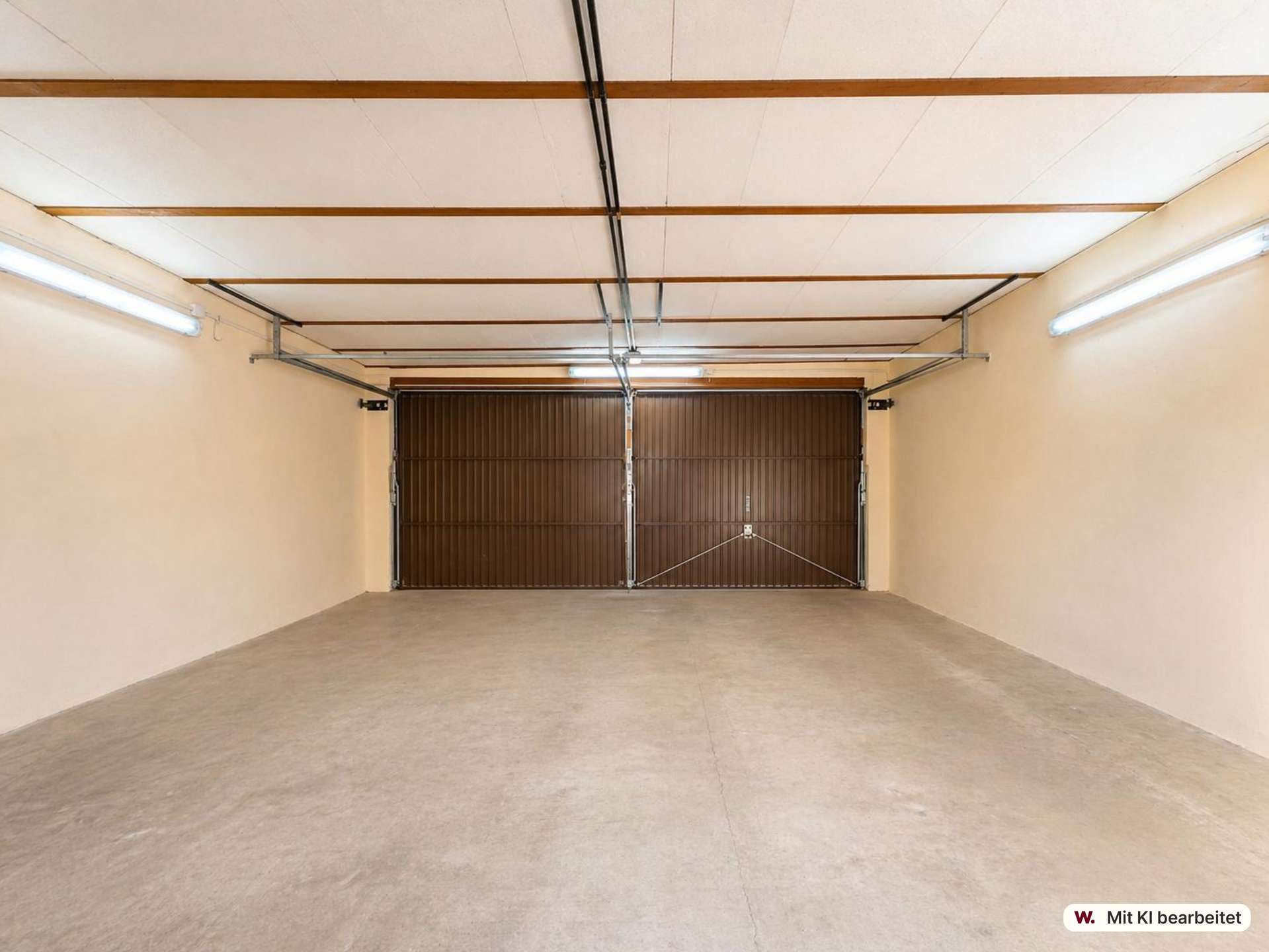 Empty indoor garage with brown sectional doors at the far end and bright fluorescent lighting along the walls.