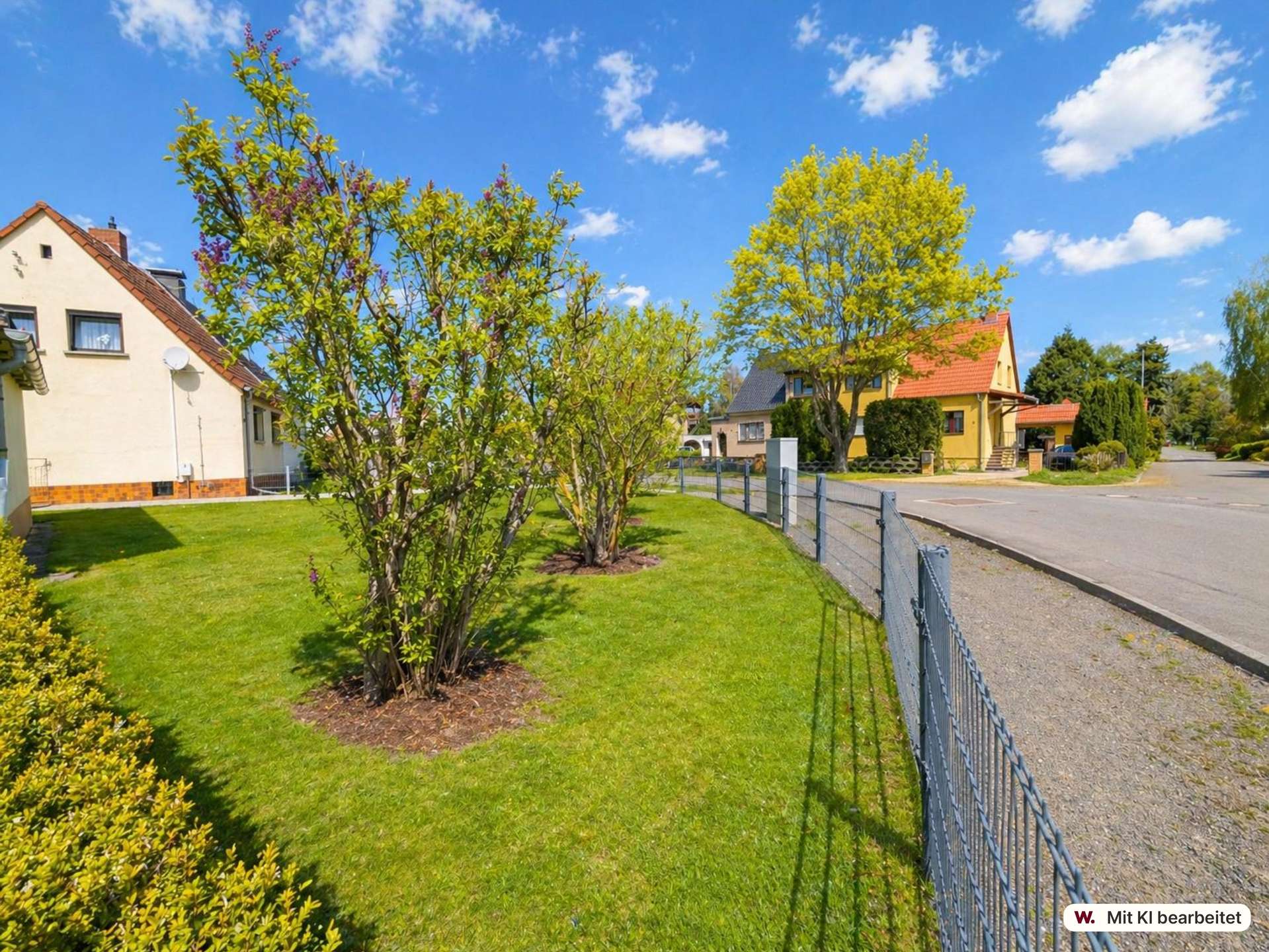 Suburban street scene with green lawns, trees, and yellow houses under a bright blue sky.