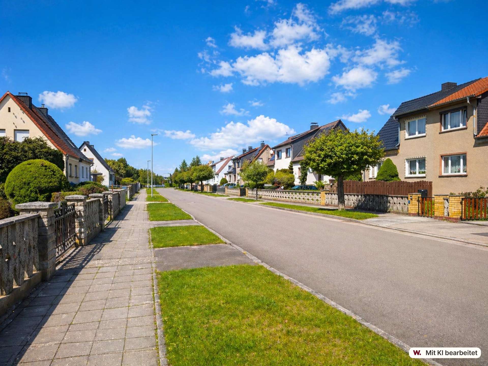 Residential street with row of neat houses, green lawns, and a clear blue sky above.