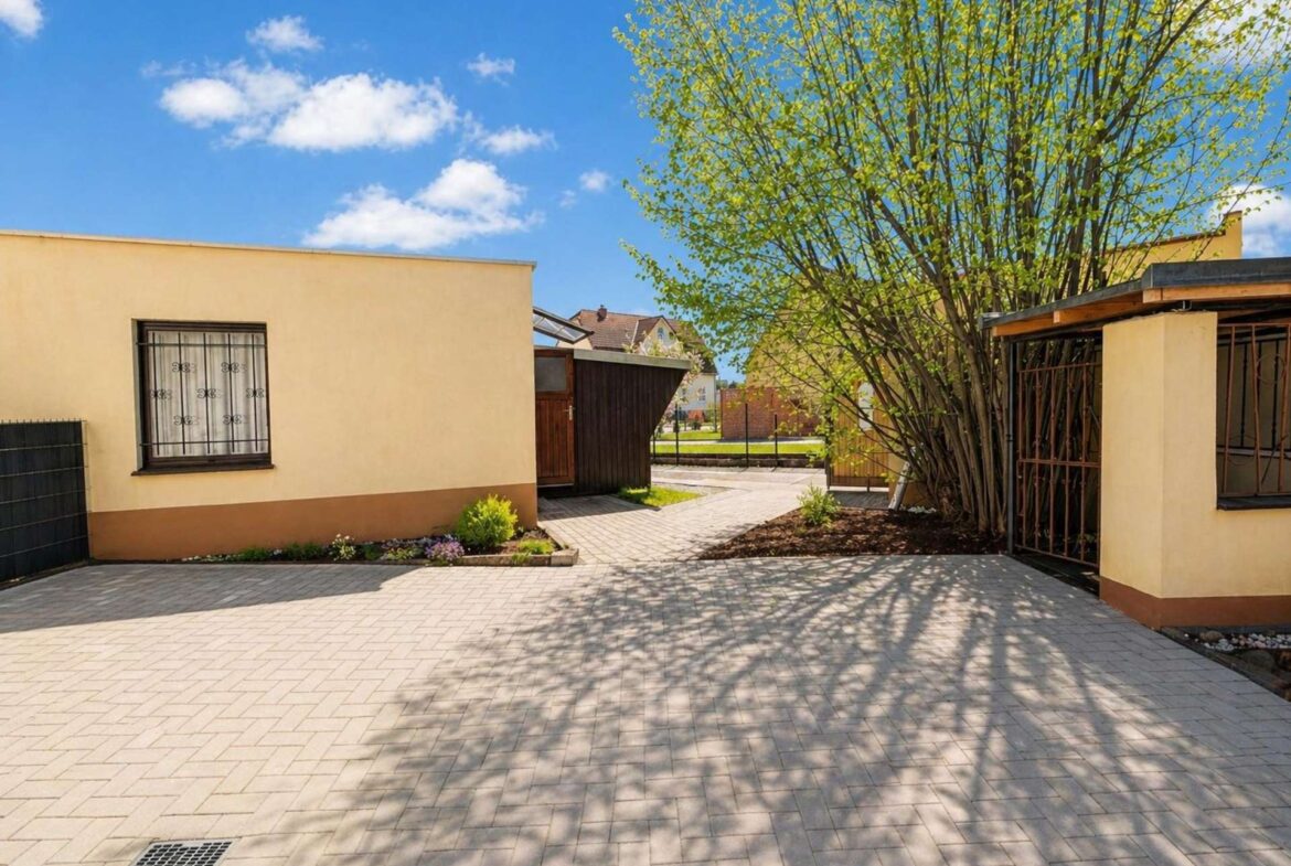 Courtyard scene with beige buildings, a large tree, and a paved brick walkway under a blue sky.