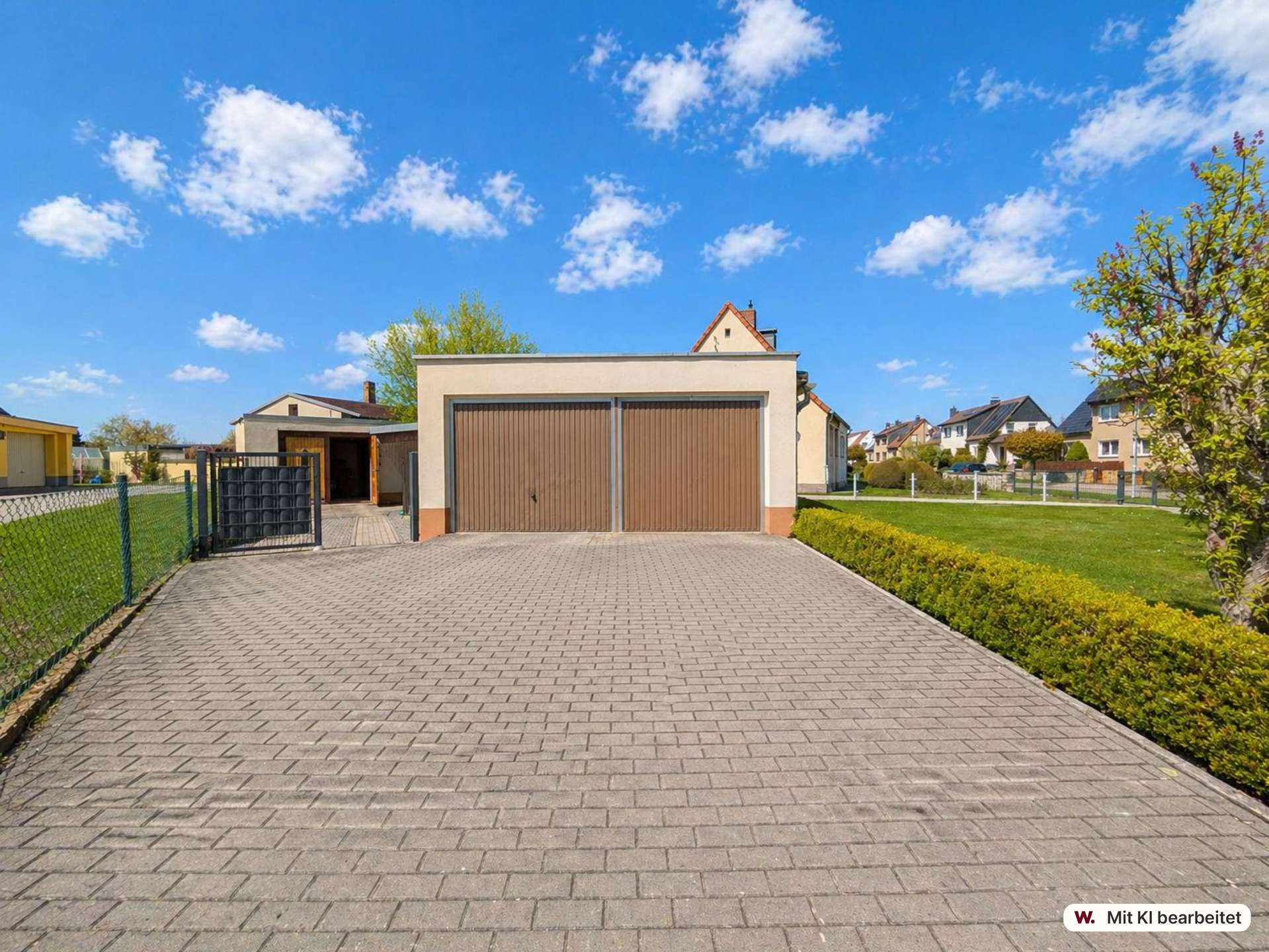 Front view of a beige house with a double brown garage, a long paved driveway, and green hedges in a suburban setting under a blue sky with scattered clouds.