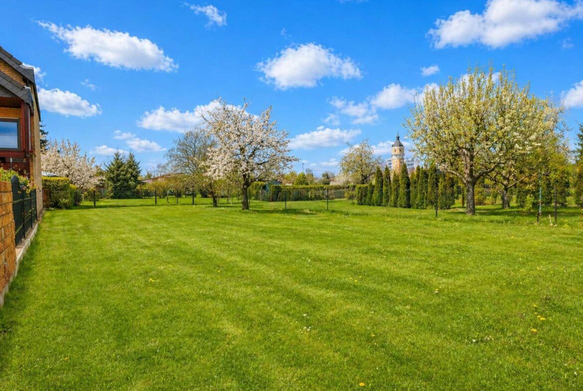 Suburban garden with green lawn, blossoming trees, and a distant tower under a bright blue sky.