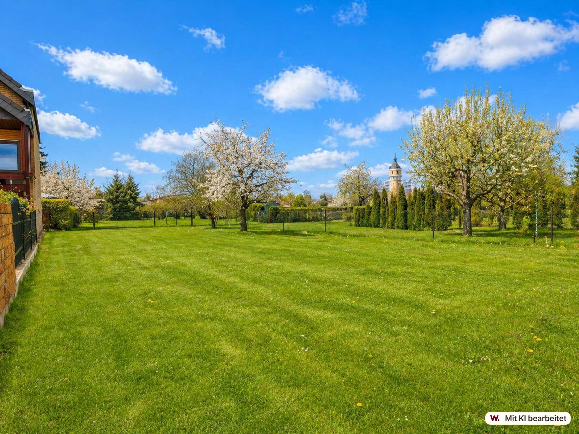 Suburban garden with green lawn, blossoming trees, and a distant tower under a bright blue sky.