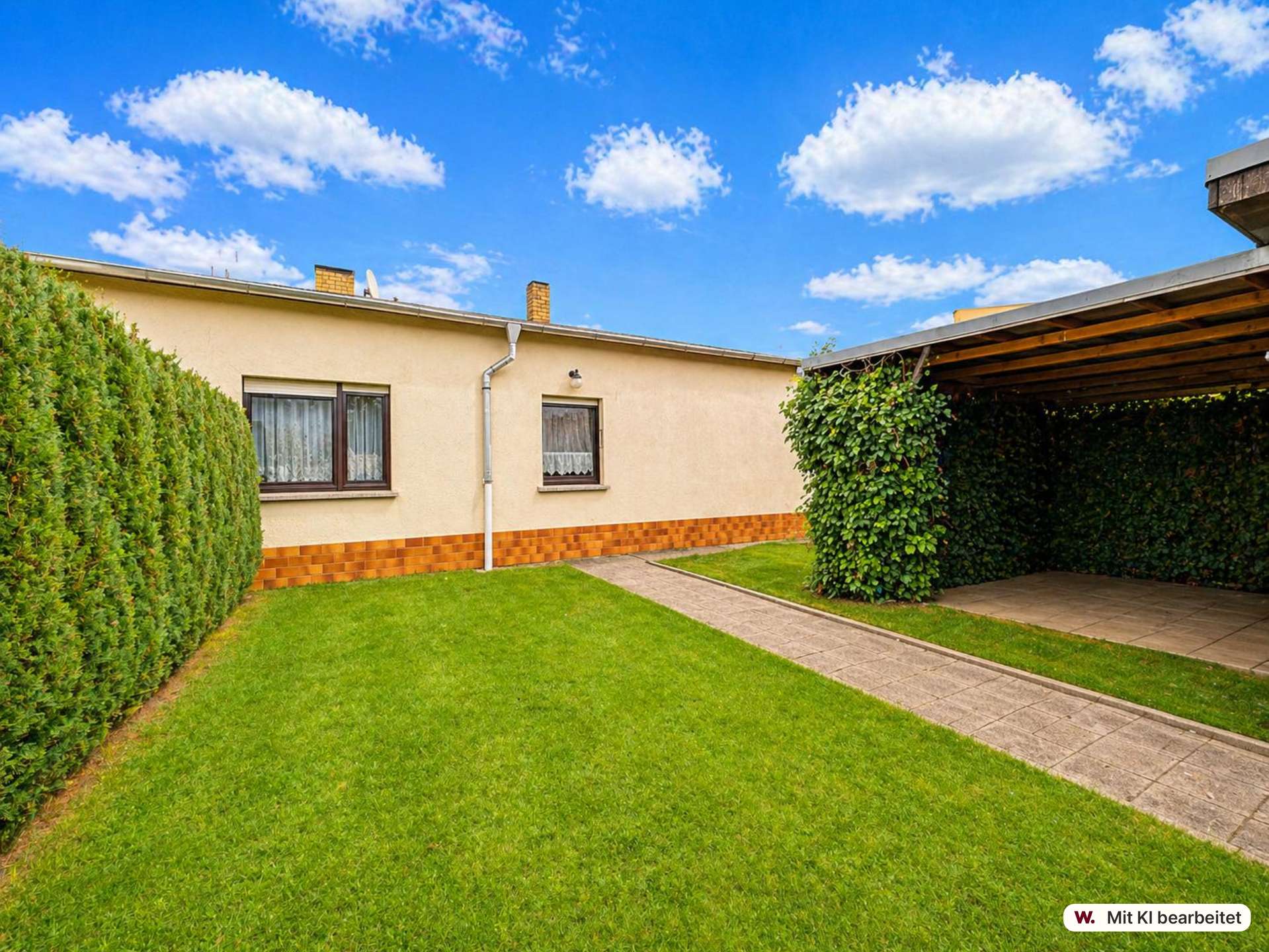 Backyard of a single-story beige house with two windows, a stepped brick base, hedges along the left and a covered patio on the right under a blue sky with clouds